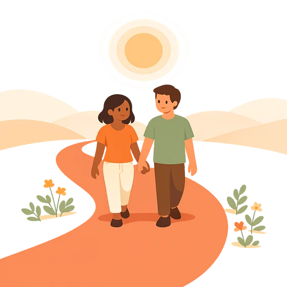 A couple walking hand in hand along a coral path