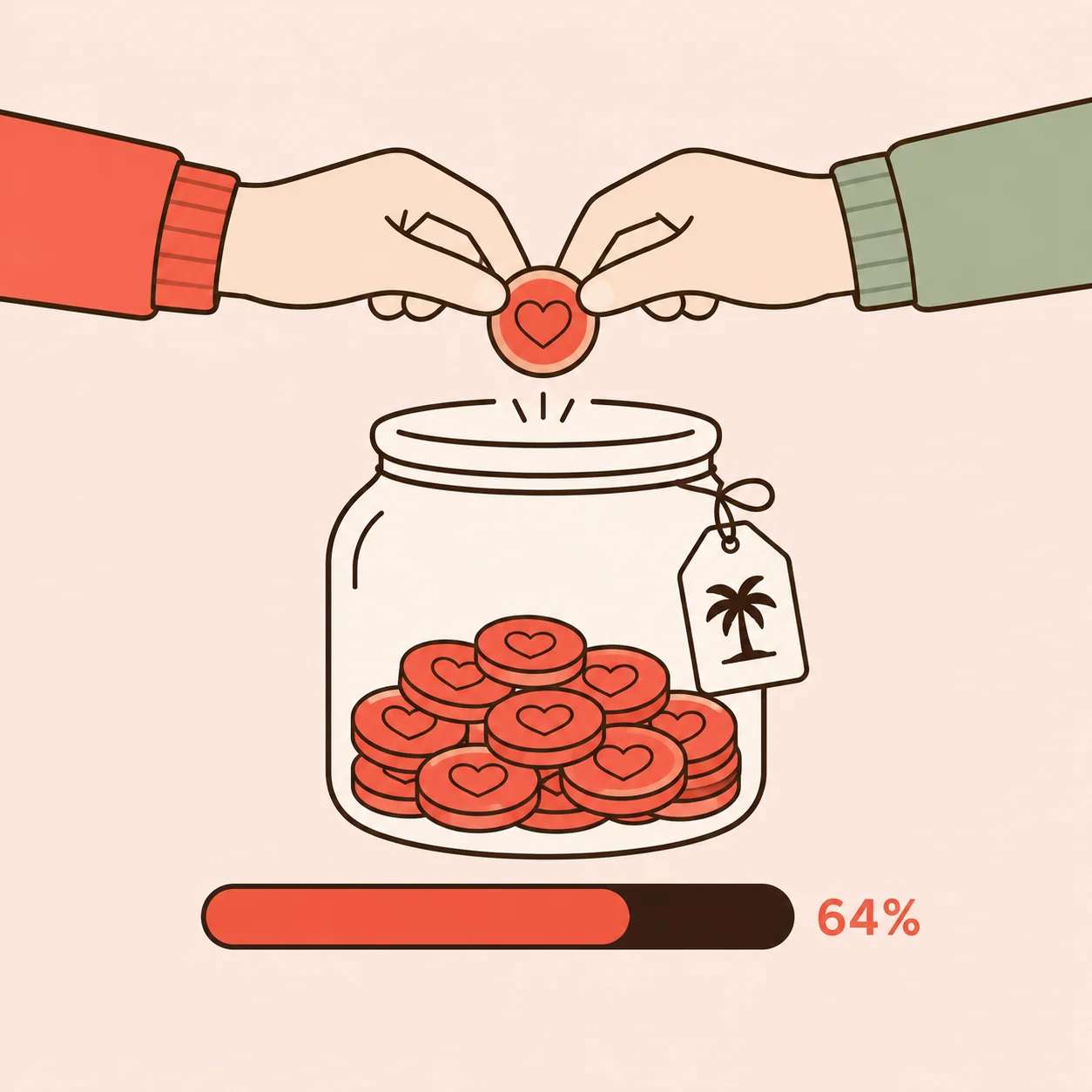 Two hands adding a coin to a shared savings goal
