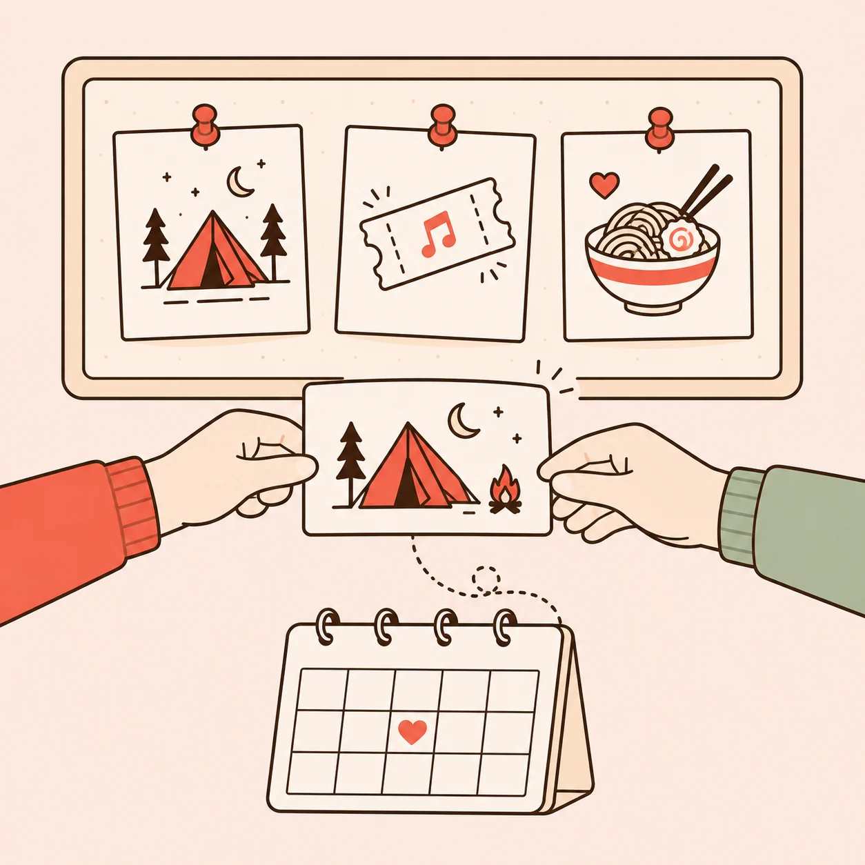 Two hands moving a travel idea from a wish board to a calendar